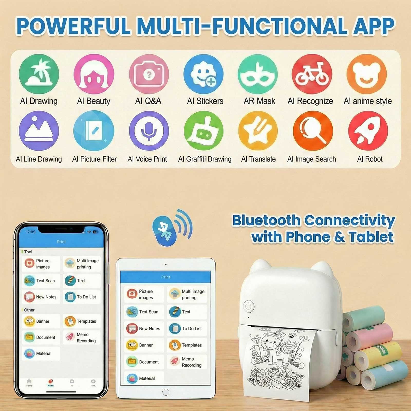 AI Voice Sticker Printer, Portable Voice Controlled Mini Printer, Inkless Thermal Sticker Maker for Home Office Study Notes & Label DIY (1 Roll Sticker Paper Included)